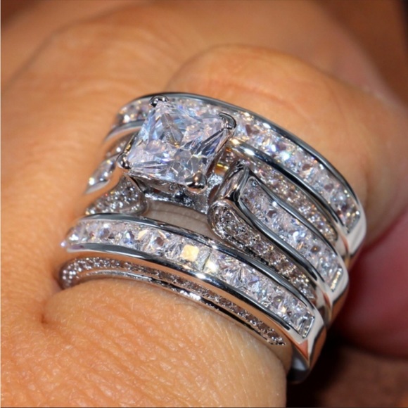 *NEW 925 Silver Diamond 3PC Wedding Ring Set - Picture 2 of 3